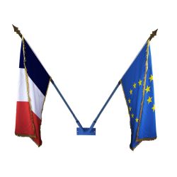 LOT Support mural laqué bleu + 2 Drapeaux de façade à franges 50x75cm : France + Europe