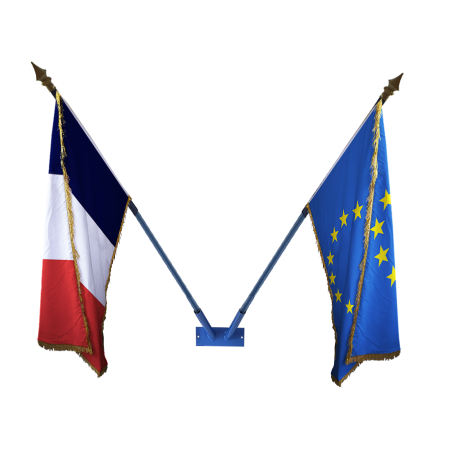 LOT Support mural laqué bleu + 2 Drapeaux de façade à franges 50x75cm : France + Europe