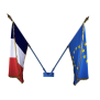 LOT Support mural laqué bleu + 2 Drapeaux de façade à franges 50x75cm : France + Europe