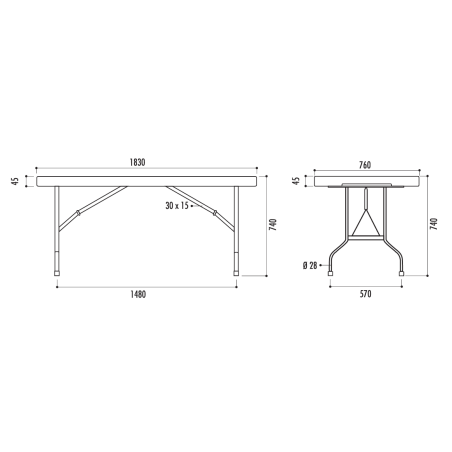 Table pliante Grenade rectangulaire - Plateau noir
