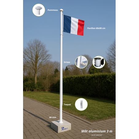 Mât aluminium 3 mètres avec ses accessoires