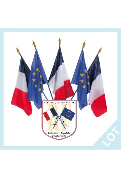 LOT Premium Ecusson + 3 Drapeaux France 60x90cm + 2 Drapeaux UE 60x90cm
